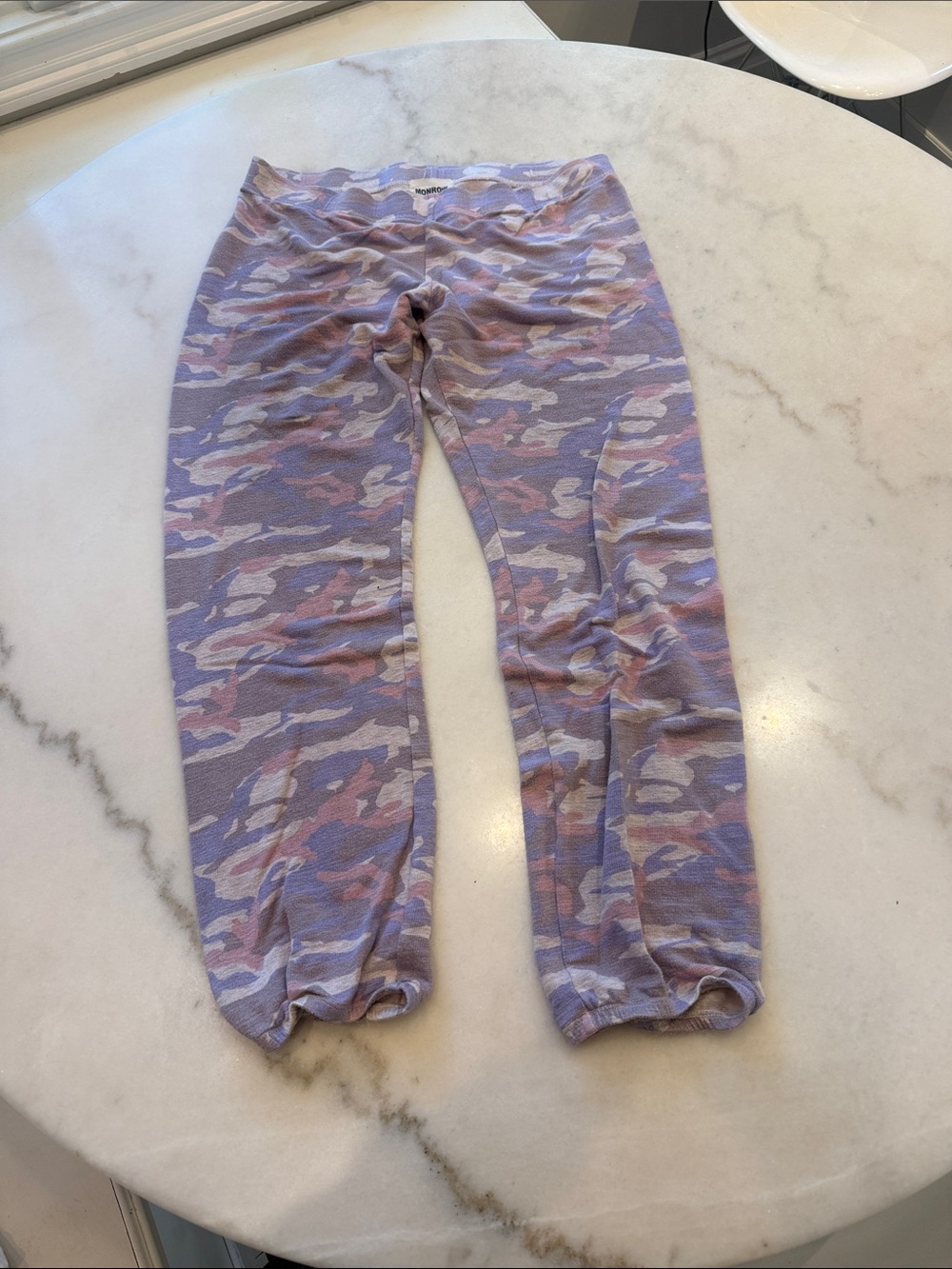 Monrow Lavender Camo lounge pants with Pink & purple elastic waist and cuffs